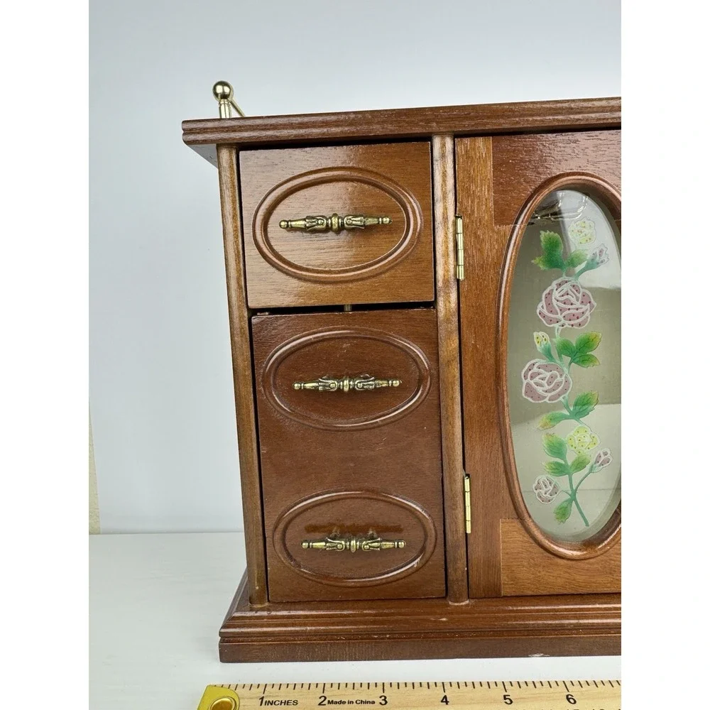 Vintage Jewelry Armoire Wood Cabinet Chest W/ Mirror Glass Door Organizer Floral